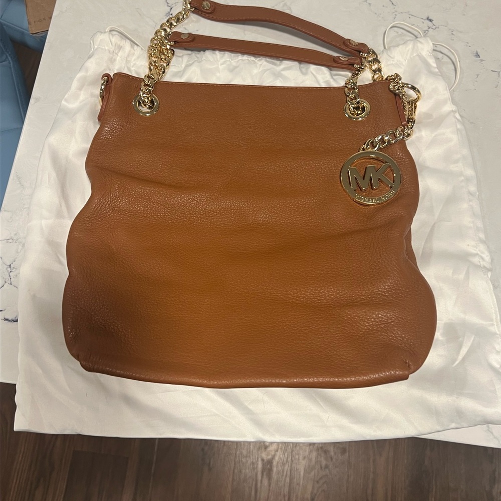 Michael Kors Brown Leather Shoulder Bag with Gold Accents